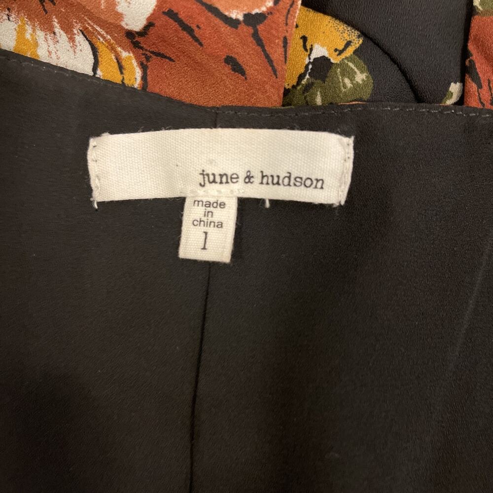 June & Hudson Floral Wrap Dress Women's Size L Black Ruffle Midi Boho V-Neck - Picture 9 of 13
